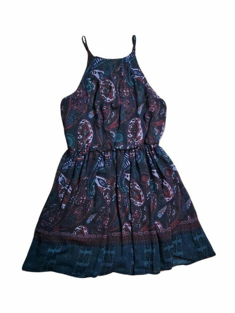 Miami Dark Paisley Purple Boho Mini Dress Size Medium Elastic Cinched Waist
